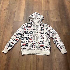 Fila Boys All-Over Logo Hoodie in White, Navy, and Red